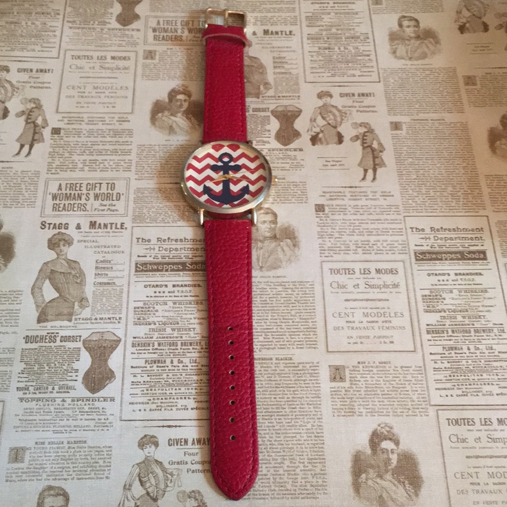 Anchor Watch, Red Leather Strap